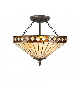 3 Light Semi Flush Ceiling E27 With 40cm Tiffany Shade, Amber, Crystal, Aged Antique Brass - 1