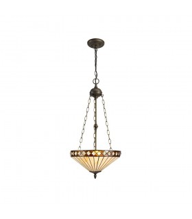 3 Light Uplighter Ceiling Pendant E27 With 40cm Tiffany Shade, Amber, Crystal, Aged Antique Brass - 1