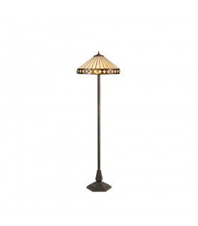 2 Light Octagonal Floor Lamp E27 With 40cm Tiffany Shade, Amber, Crystal, Aged Antique Brass - 1