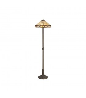 2 Light Leaf Design Floor Lamp E27 With 40cm Tiffany Shade, Amber, Crystal, Aged Antique Brass - 1