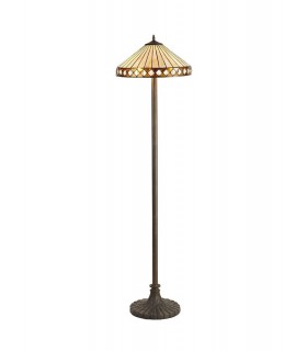 2 Light Stepped Design Floor Lamp E27 With 40cm Tiffany Shade, Amber, Crystal, Aged Antique Brass - 1