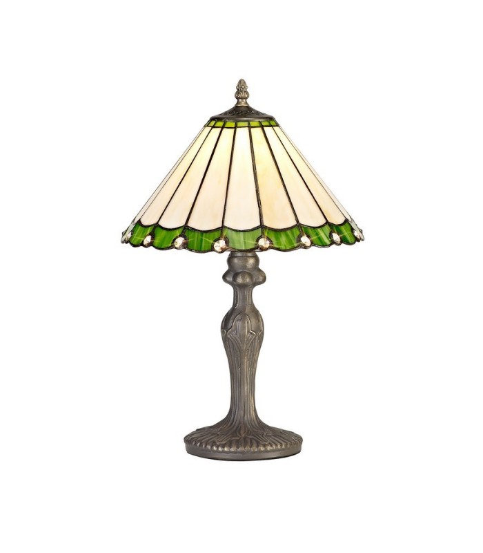 1 Light Curved Table Lamp E27 With 30cm Tiffany Shade, Green, Crystal, Aged Antique Brass - 1