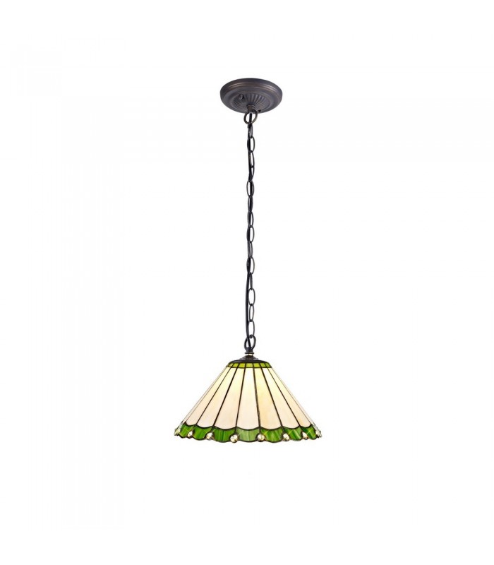 1 Light Downlighter Ceiling Pendant E27 With 30cm Tiffany Shade, Green, Crystal, Aged Antique Brass - 1