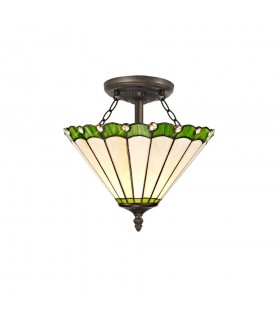 2 Light Semi Flush Ceiling E27 With 30cm Tiffany Shade, Green, Crystal, Aged Antique Brass - 1