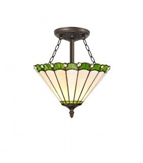 3 Light Semi Flush Ceiling E27 With 30cm Tiffany Shade, Green, Crystal, Aged Antique Brass - 1
