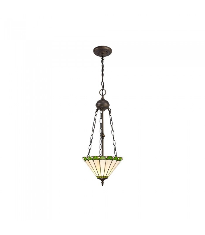 2 Light Uplighter Ceiling Pendant E27 With 30cm Tiffany Shade, Green, Crystal, Aged Antique Brass - 1