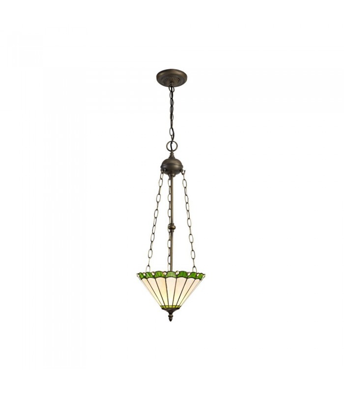 3 Light Uplighter Ceiling Pendant E27 With 30cm Tiffany Shade, Green, Crystal, Aged Antique Brass - 1