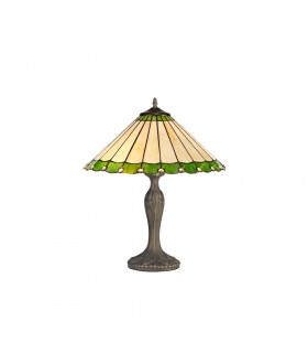 2 Light Curved Table Lamp E27 With 40cm Tiffany Shade, Green, Crystal, Aged Antique Brass - 1