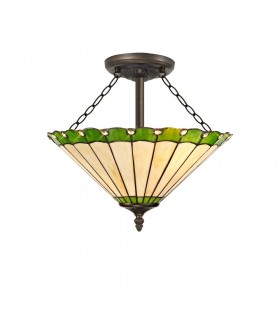 3 Light Semi Flush Ceiling E27 With 40cm Tiffany Shade, Green, Crystal, Aged Antique Brass - 1