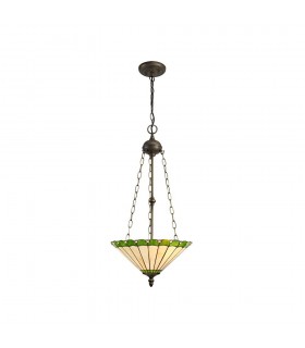 3 Light Uplighter Ceiling Pendant E27 With 40cm Tiffany Shade, Green, Crystal, Aged Antique Brass - 1