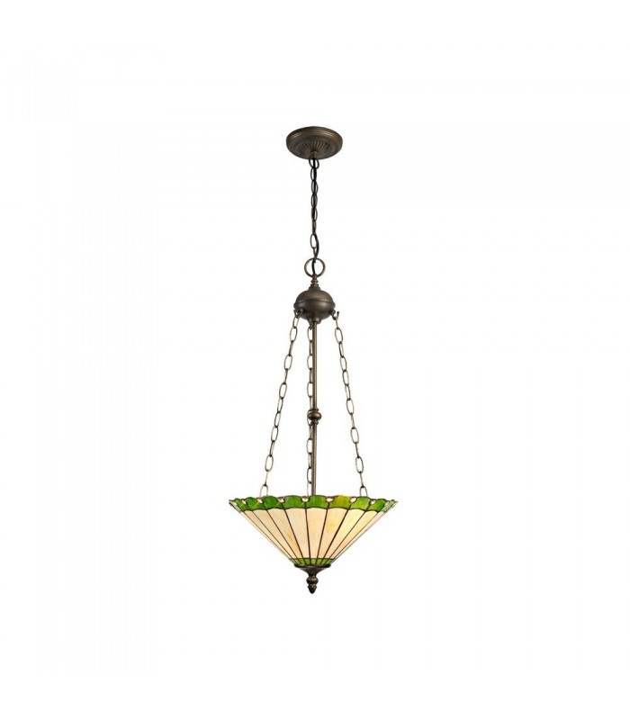 3 Light Uplighter Ceiling Pendant E27 With 40cm Tiffany Shade, Green, Crystal, Aged Antique Brass - 1