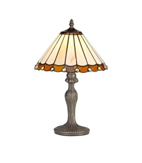 1 Light Curved Table Lamp E27 With 30cm Tiffany Shade, Amber, Crystal, Aged Antique Brass - 1