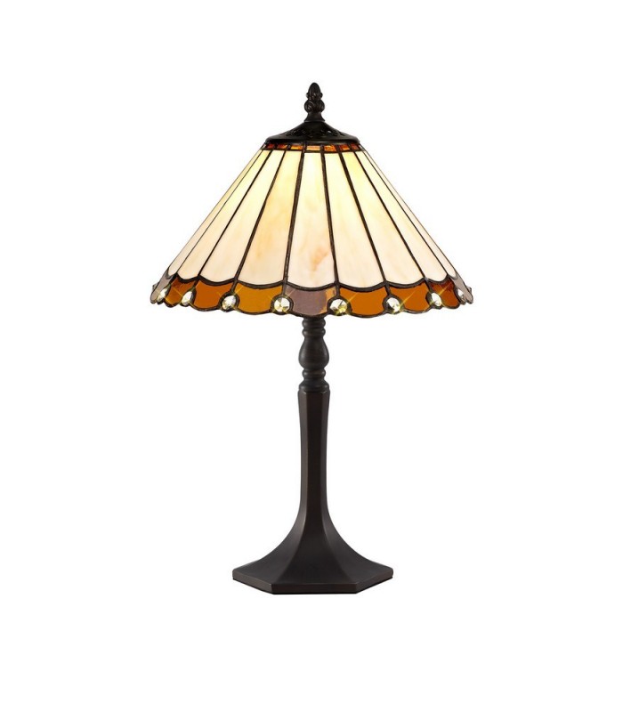1 Light Octagonal Table Lamp E27 With 30cm Tiffany Shade, Amber, Crystal, Aged Antique Brass - 1