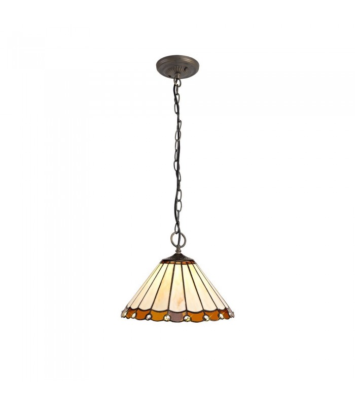 3 Light Downlighter Ceiling Pendant E27 With 30cm Tiffany Shade, Amber, Crystal, Aged Antique Brass - 1