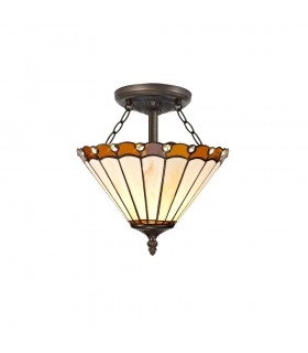 2 Light Semi Flush Ceiling E27 With 30cm Tiffany Shade, Amber, Crystal, Aged Antique Brass - 1