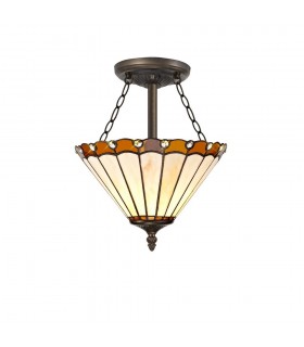 3 Light Semi Flush Ceiling E27 With 30cm Tiffany Shade, Amber, Crystal, Aged Antique Brass - 1
