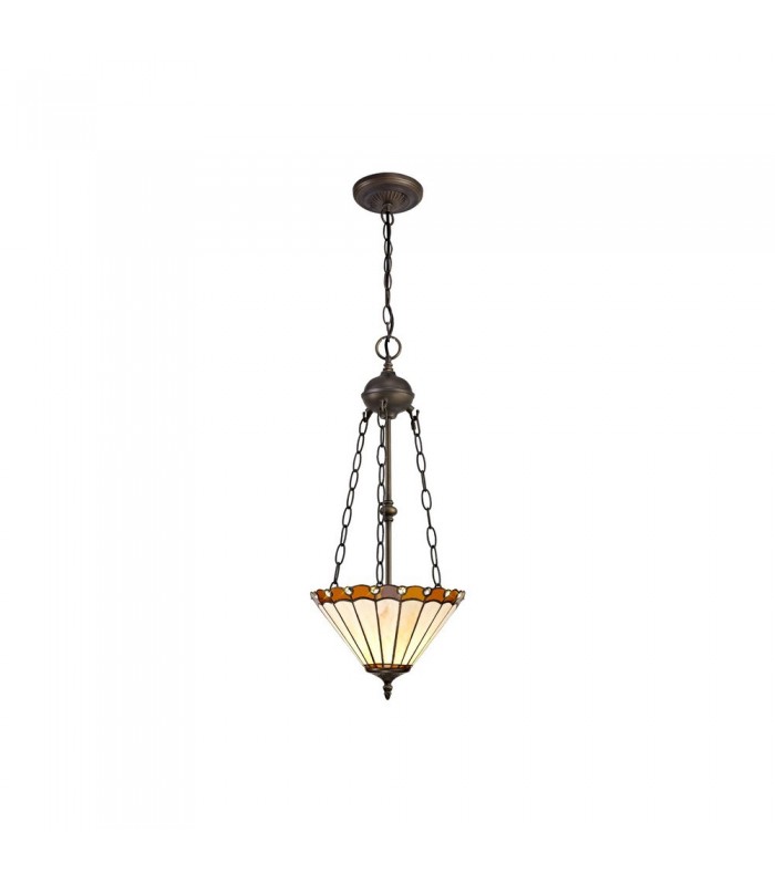 2 Light Uplighter Ceiling Pendant E27 With 30cm Tiffany Shade, Amber, Crystal, Aged Antique Brass - 1