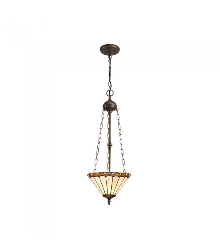 3 Light Uplighter Ceiling Pendant E27 With 30cm Tiffany Shade, Amber, Crystal, Aged Antique Brass - 1