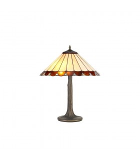 2 Light Tree Like Table Lamp E27 With 40cm Tiffany Shade, Amber, Crystal, Aged Antique Brass - 1