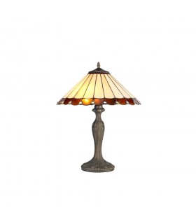 2 Light Curved Table Lamp E27 With 40cm Tiffany Shade, Amber, Crystal, Aged Antique Brass - 1