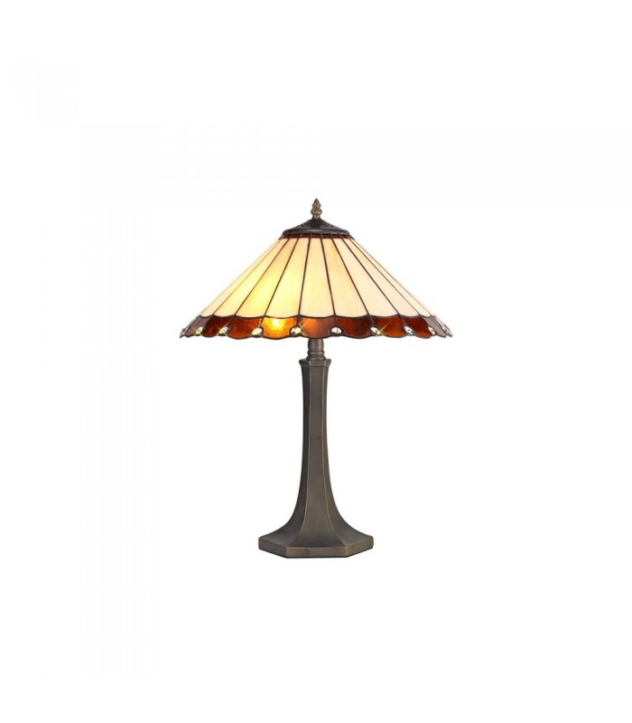 2 Light Octagonal Table Lamp E27 With 40cm Tiffany Shade, Amber, Crystal, Aged Antique Brass - 1