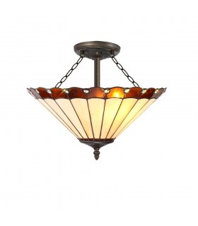 3 Light Semi Flush Ceiling E27 With 40cm Tiffany Shade, Amber, Crystal, Aged Antique Brass - 1