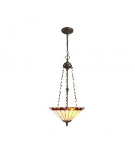 3 Light Uplighter Ceiling Pendant E27 With 40cm Tiffany Shade, Amber, Crystal, Aged Antique Brass - 1
