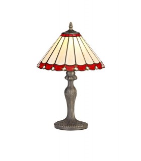1 Light Curved Table Lamp E27 With 30cm Tiffany Shade, Red, Crystal, Aged Antique Brass - 1