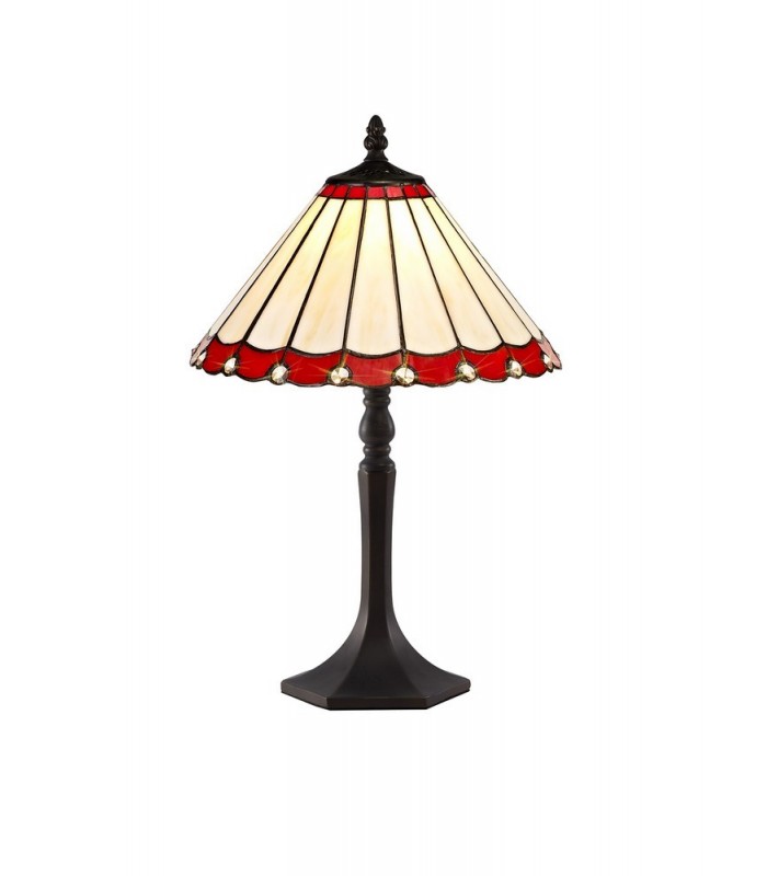 1 Light Octagonal Table Lamp E27 With 30cm Tiffany Shade, Red, Crystal, Aged Antique Brass - 1