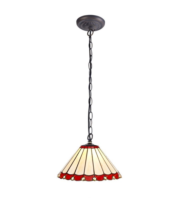 1 Light Downlighter Ceiling Pendant E27 With 30cm Tiffany Shade, Red, Crystal, Aged Antique Brass - 1