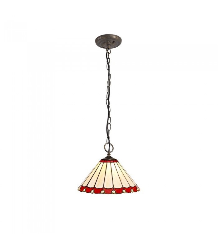3 Light Downlighter Ceiling Pendant E27 With 30cm Tiffany Shade, Red, Crystal, Aged Antique Brass - 1