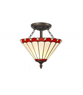 2 Light Semi Flush Ceiling E27 With 30cm Tiffany Shade, Red, Crystal, Aged Antique Brass - 1