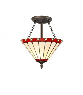 3 Light Semi Flush Ceiling E27 With 30cm Tiffany Shade, Red, Crystal, Aged Antique Brass - 1