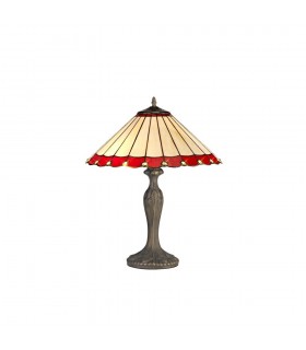 2 Light Curved Table Lamp E27 With 40cm Tiffany Shade, Red, Crystal, Aged Antique Brass - 1