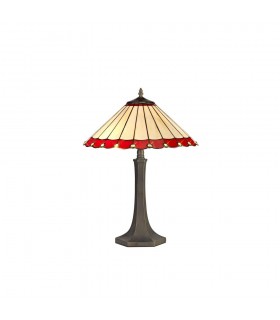 2 Light Octagonal Table Lamp E27 With 40cm Tiffany Shade, Red, Crystal, Aged Antique Brass - 1