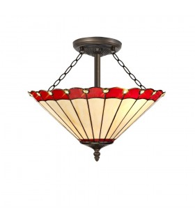 3 Light Semi Flush Ceiling E27 With 40cm Tiffany Shade, Red, Crystal, Aged Antique Brass - 1