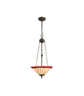 3 Light Uplighter Ceiling Pendant E27 With 40cm Tiffany Shade, Red, Crystal, Aged Antique Brass - 1