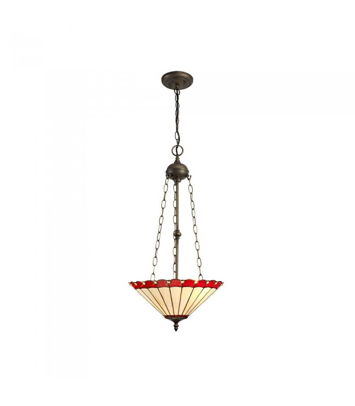 3 Light Uplighter Ceiling Pendant E27 With 40cm Tiffany Shade, Red, Crystal, Aged Antique Brass - 1