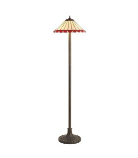2 Light Stepped Design Floor Lamp E27 With 40cm Tiffany Shade, Red, Crystal, Aged Antique Brass - 1