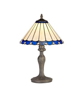 1 Light Curved Table Lamp E27 With 30cm Tiffany Shade, Blue, Crystal, Aged Antique Brass - 1