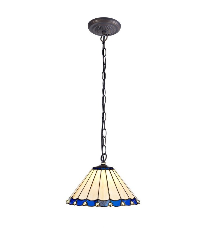 1 Light Downlighter Ceiling Pendant E27 With 30cm Tiffany Shade, Blue, Crystal, Aged Antique Brass - 1