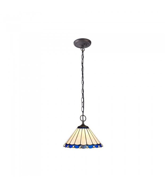 2 Light Downlighter Ceiling Pendant E27 With 30cm Tiffany Shade, Blue, Crystal, Aged Antique Brass - 1