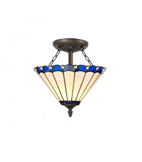 2 Light Semi Flush Ceiling E27 With 30cm Tiffany Shade, Blue, Crystal, Aged Antique Brass - 1