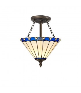 3 Light Semi Flush Ceiling E27 With 30cm Tiffany Shade, Blue, Crystal, Aged Antique Brass - 1