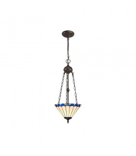 2 Light Uplighter Ceiling Pendant E27 With 30cm Tiffany Shade, Blue, Crystal, Aged Antique Brass - 1