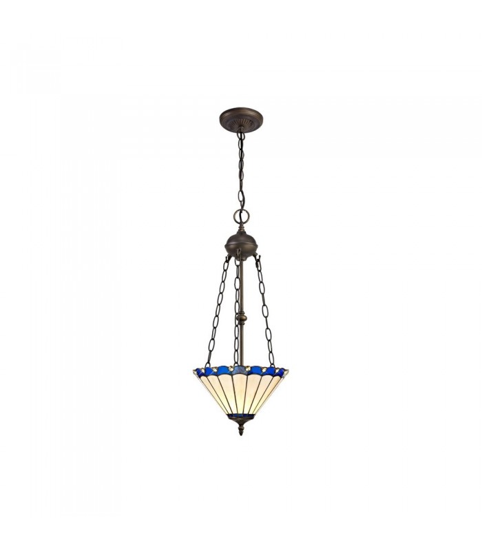 2 Light Uplighter Ceiling Pendant E27 With 30cm Tiffany Shade, Blue, Crystal, Aged Antique Brass - 1