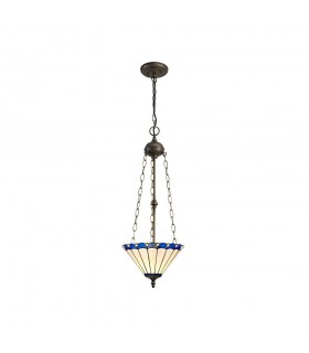 3 Light Uplighter Ceiling Pendant E27 With 30cm Tiffany Shade, Blue, Crystal, Aged Antique Brass - 1