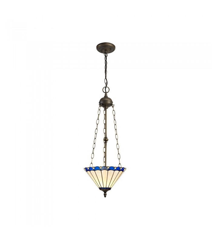 3 Light Uplighter Ceiling Pendant E27 With 30cm Tiffany Shade, Blue, Crystal, Aged Antique Brass - 1