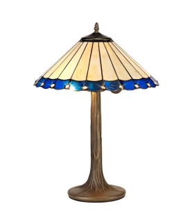 2 Light Tree Like Table Lamp E27 With 40cm Tiffany Shade, Blue, Crystal, Aged Antique Brass - 1
