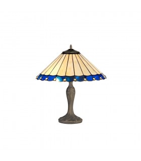 2 Light Curved Table Lamp E27 With 40cm Tiffany Shade, Blue, Crystal, Aged Antique Brass - 1